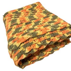 Vintage ca 70s Handmade Orange, Green, and Yellow Crocheted Afghan Blanket